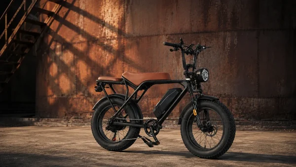 Black fat-tire electric bike with a brown saddle beside a rust-colored industrial wall
