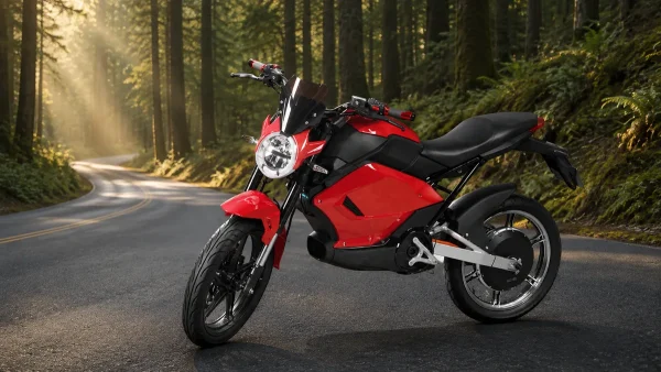 Red electric motorcycle beside a winding forest road in warm sunlight
