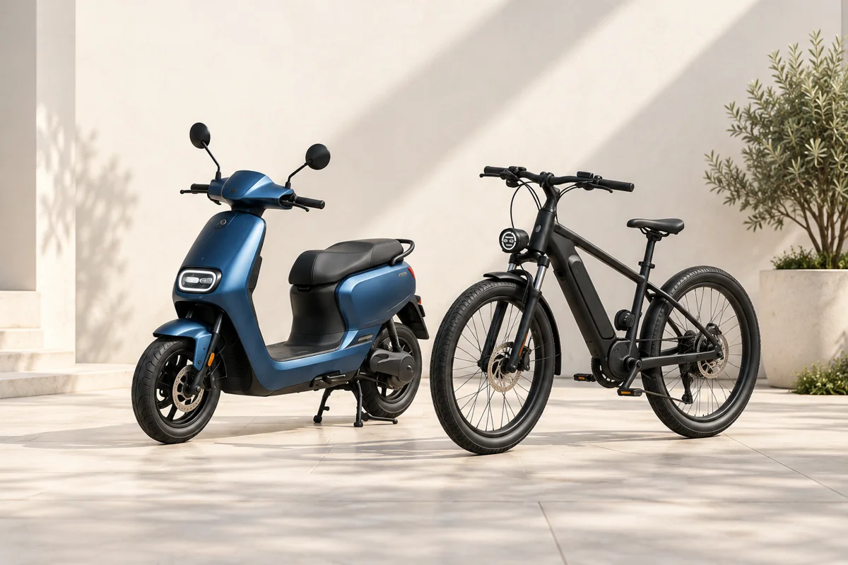 Illustrative blue seated scooter and black pedal electric bicycle in a courtyard