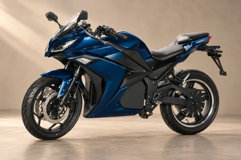 Blue RZ electric sport motorcycle; edited catalogue-based presentation